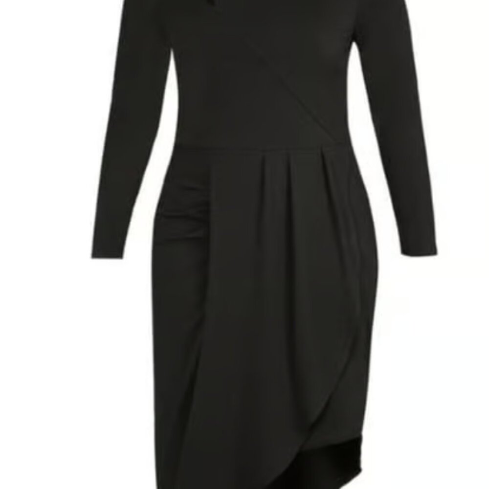 City Chic Black Long Sleeve Asymmetrical Cutout‎ Midi Dress Ruching Size L(20) - Picture 2 of 8
